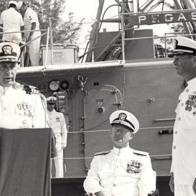 Captain Frank G. Horn, Rear Admiral Peter C. Conrad, and Commander L.M. Hardt