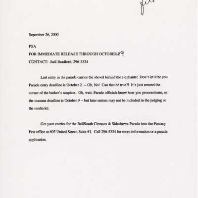 Public Service Announcement about the parade deadline.