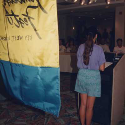 Unknown talking at the Fantasy Fest meeting.