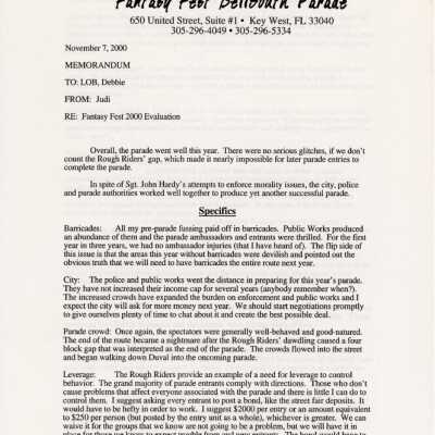 A memo to Lob and Debbie from Judi of a Fantasy Fest evaluation.