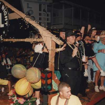 A float in the parade that reads Saturday night live.
