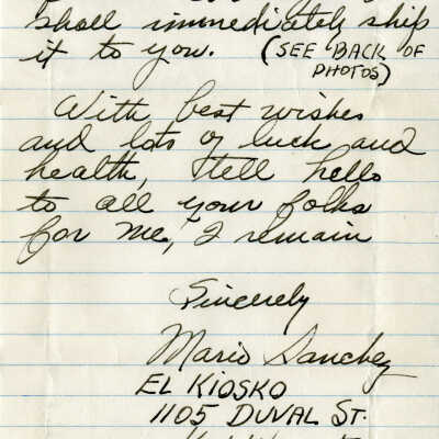 Letter Written by Mario Sanchez to Charles and Barbara Martin