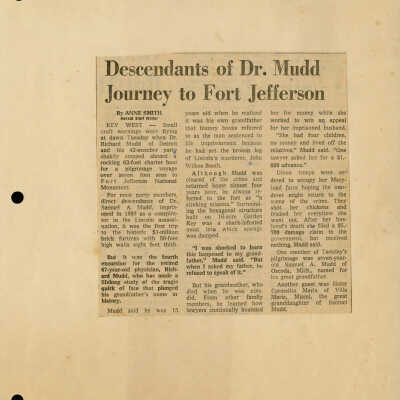 Newspaper Clipping of Dr. Mudd Family at Fort Jefferson