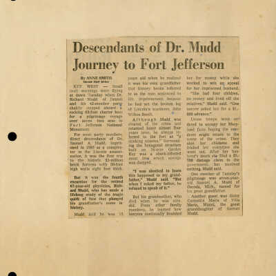 Newspaper Clipping of Dr. Mudd Family at Fort Jefferson