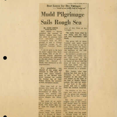 Newspaper Clipping of Dr. Mudd Family at Fort Jefferson