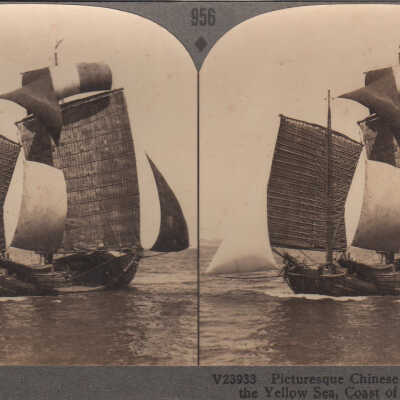 Stereoview of a Chinese Junk under full sail on the Yellow Sea