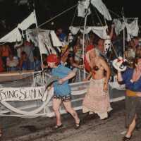 A float in the parade that reads the flying seamen.
