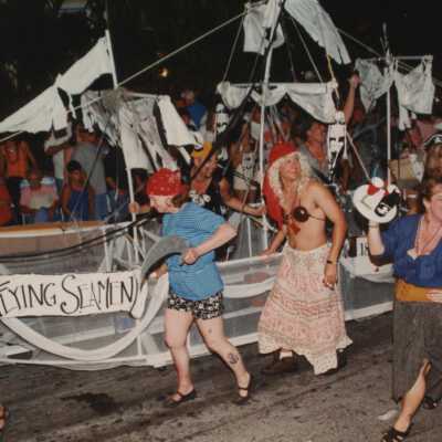 A float in the parade that reads the flying seamen.