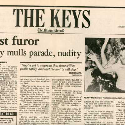 An article in the Miami Herald that reads Fest furor city mulls parade nudi