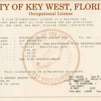 Occupational License for Atlantic Shores: Copyright: @ Key West Art & Historical Society; Origformat: Print-Photographic