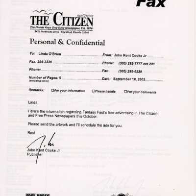 A fax to Linda O'Brien and John Kent Cooke Jr from the Key West Citizen reg
