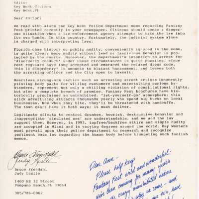 A letter to the editor of the  Key West Citizen from Bruce Frendahl and Jud