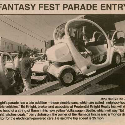 A picture and article that reads Fantasy Fest parade entry in the Key West Citizen.