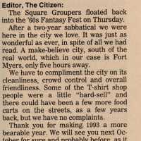 An article in the Key West Citizen about Fantasy Fest that reads Square Groupers: Thanks for making 1993 event memorable.