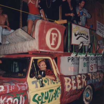 Unknown people on a float in the parade.