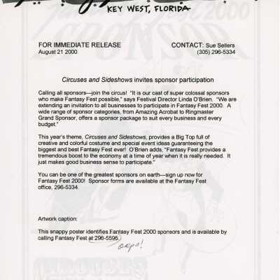 Press release about Fantasy Fest inviting sponsor participation.