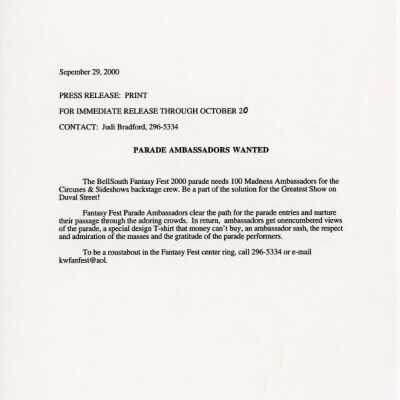 A press release to print about parade ambassadors wanted.