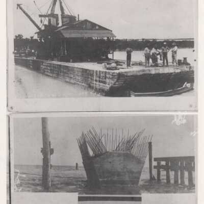 Two images - Dredge barge at Sugar Loaf Key and the base of a pier