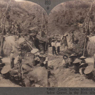 Stereoview of people searching gravel for rubies in Mogok, Burma