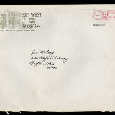 Key West Hand Print Fabrics Mailing Envelope: Copyright: © Key West Art & Historical Society; Origformat: Artifact
