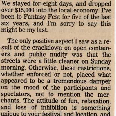 An article in the Key West Citizen that reads Hayes: Don’t make mistake; change event back to 'normal'.