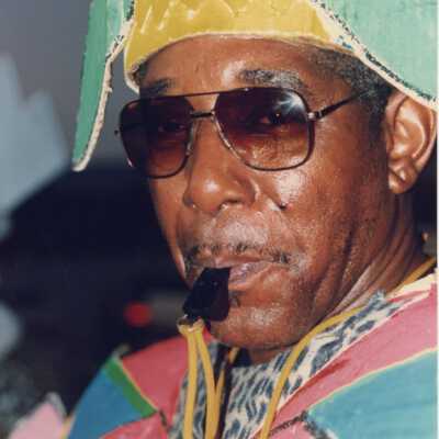 Unknown man dressed up blowing a whistle.