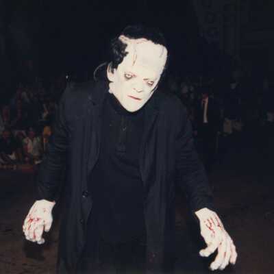 Unknown person dressed up walking down the street during the parade.