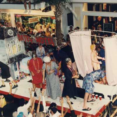 A float in the parade that reads Bates Motel.