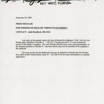 Press release about the parade deadline.