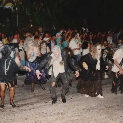 Unknown people dressed up walking in the street for the parade.