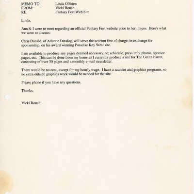 A fax to Linda O'Brien from Vicki Roush about the Fantasy Fest website.
