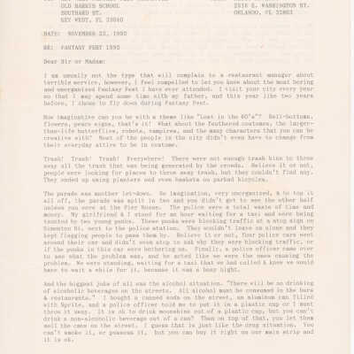 A letter to the Fantasy Fest committee from Kelly Mcclain with a complaint.