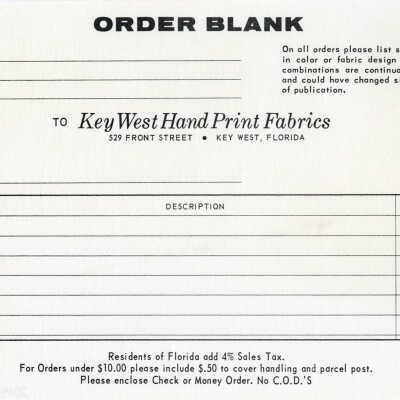 Key West Hand Print Fabrics Order Form