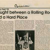 An article in the Island Life newspaper about Fantasy Fest that reads Caught between a rolling rock and a hard place.