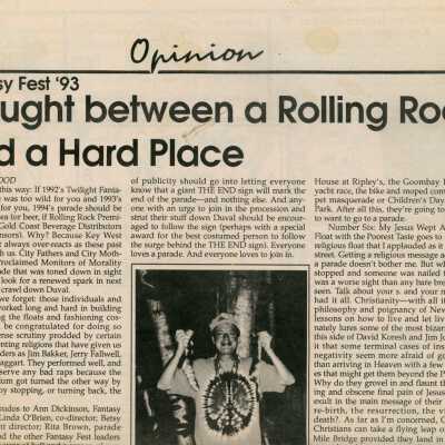 An article in the Island Life newspaper about Fantasy Fest that reads Caught between a rolling rock and a hard place.