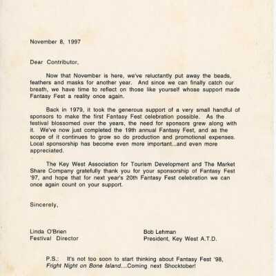 A letter to a contributor from Linda O'Brien and Bob Lehman.