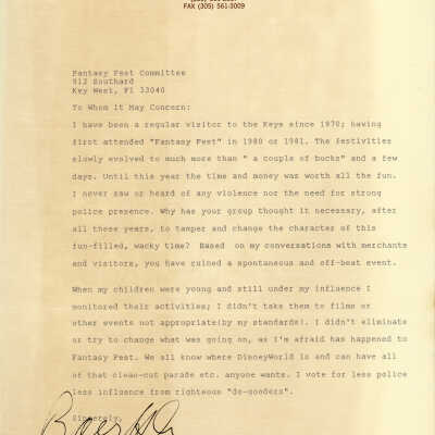A letter to the Fantasy Fest committee from Barry Holeve.
