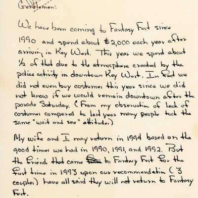 A letter to the Fantasy Fest committee from William H. Bruner.