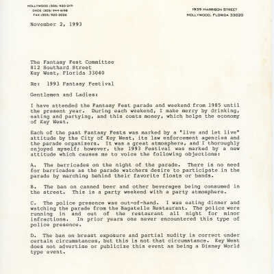 A letter to the Fantasy Fest committee from attorney Michael E. Samuel.