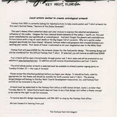 Paperwork from Fantasy Fest looking for artist to help create poster and t-