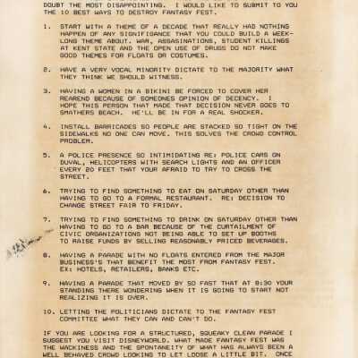 A copy of a  letter to the Fantasy Fest committee that was sent to the Key