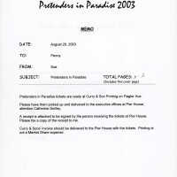 A fax to Penny from Sue regarding the pretenders in paradise tickets being ready at Curry and son printing.