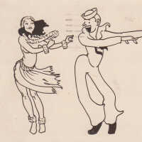 Cartoon of a sailor dancing with a hula girl