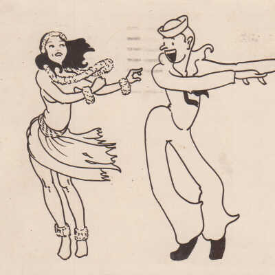 Cartoon of a sailor dancing with a hula girl