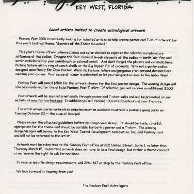 Paperwork from Fantasy Fest looking for artist to help create poster and t-shirts for that years festival theme.