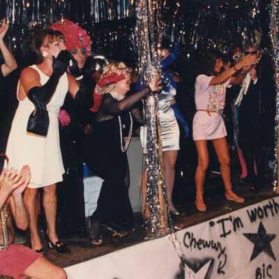 Unknown people on a float during the parade.