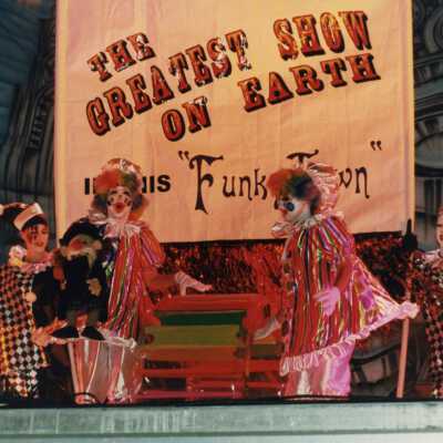A float in the parade that reads, The greatest show on earth.