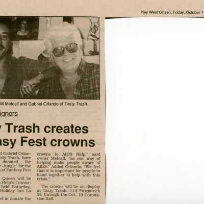 An article and a picture in the Key West Citizen that reads Tasty Trash creates Fantasy Fest crowns.