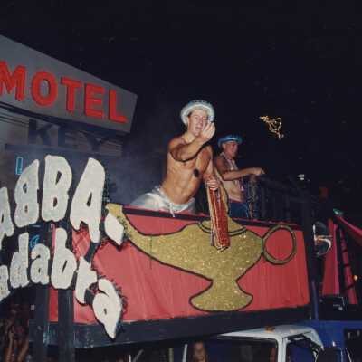 A float in the parade that reads Abba cadabra.