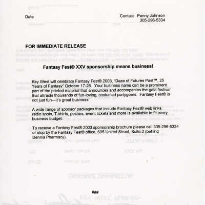 Fantasy Fest sponsorship press release.